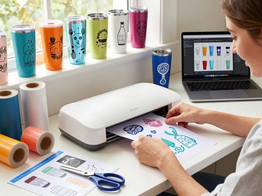 Crafting workspace with colorful tumbler designs and svg bundle files, showcasing Cricut machine in action.