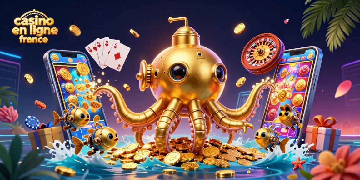 Illustration vibrante du meilleur casino en ligne en France, représentée par un kraken et des jeux d'argent