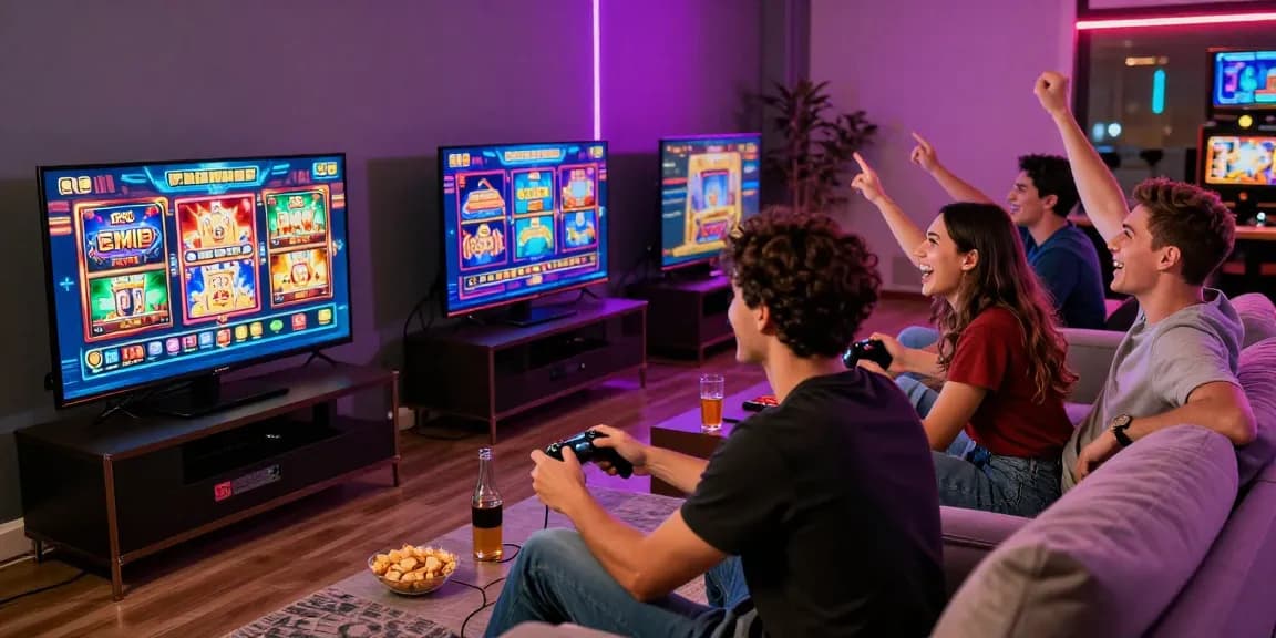 Exciting gaming night with friends enjoying slot deposit 5k games in a lively living room.