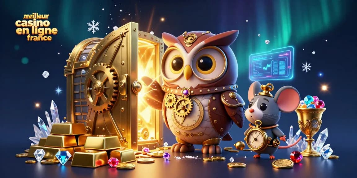 Gains fulgurants au meilleur casino en ligne France avec un hibou steampunk et des pièces dorées.