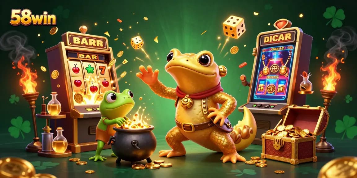 Experience thrilling gameplay with the golden salamander alchemist at 58win, surrounded by slots and vibrant casino elements.