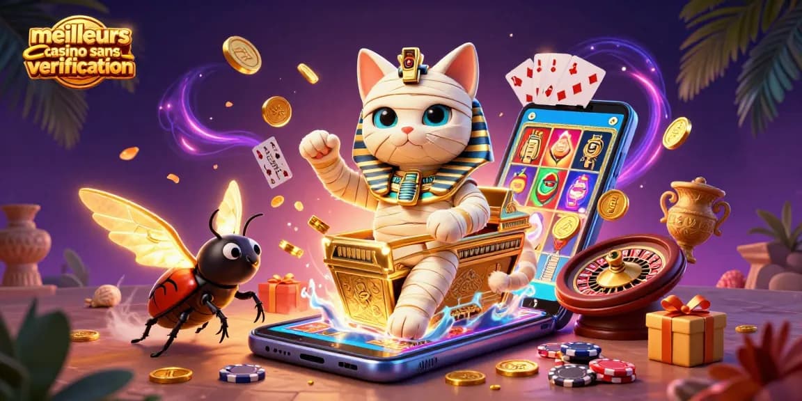 Visualisez les meilleurs casino sans verification avec un chat momie égyptien vibrant dans un casino.