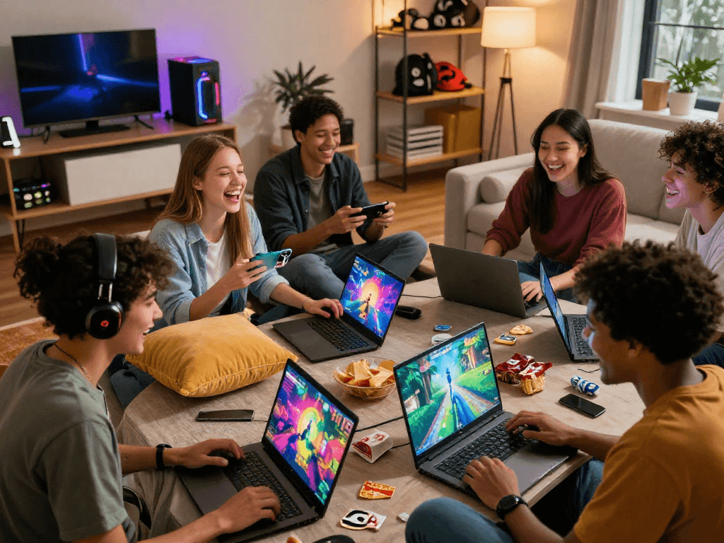 Friends enjoying a porngame night playing together on laptops and smartphones, showcasing a fun and relaxed atmosphere.