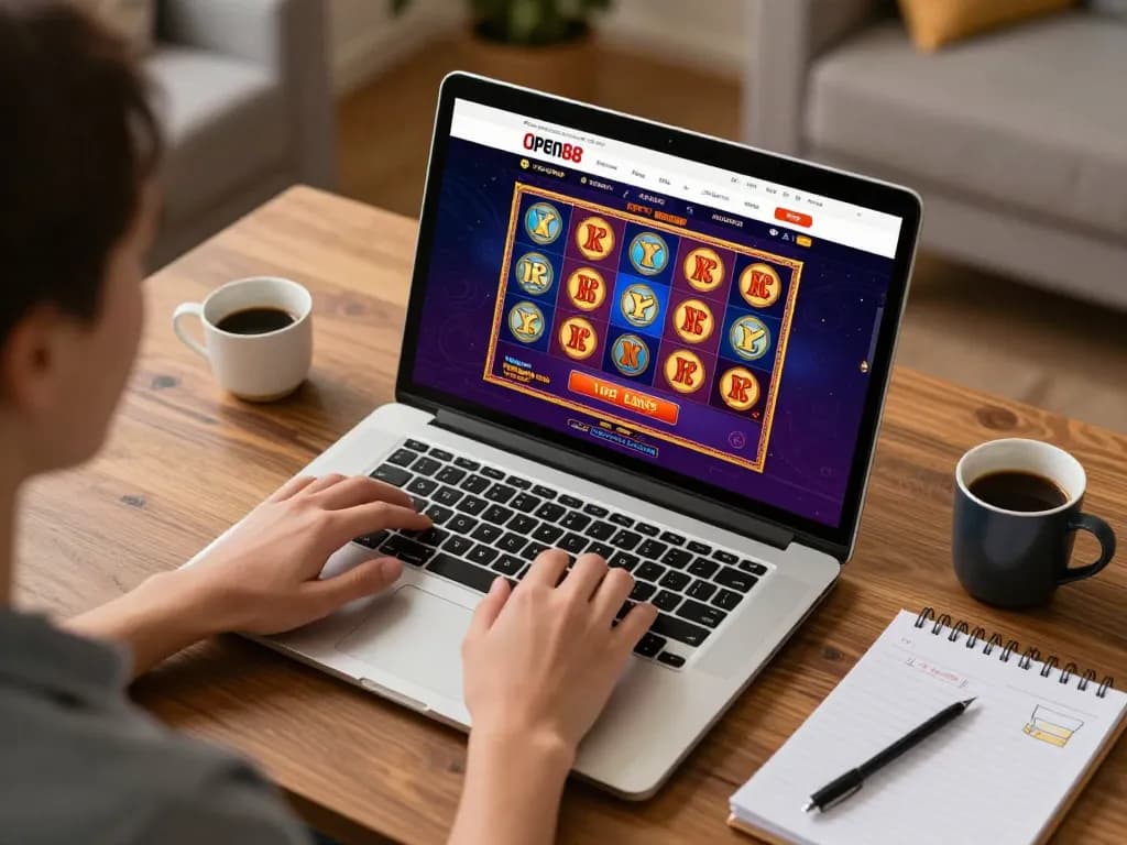 open88 user engaging in online casino gameplay with vibrant interface and cozy home office setting