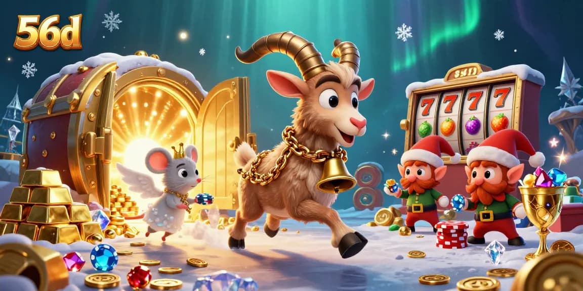 Experience the thrilling action of 56d as Krampus, angel mouse, and gremlins create a vibrant casino scene.