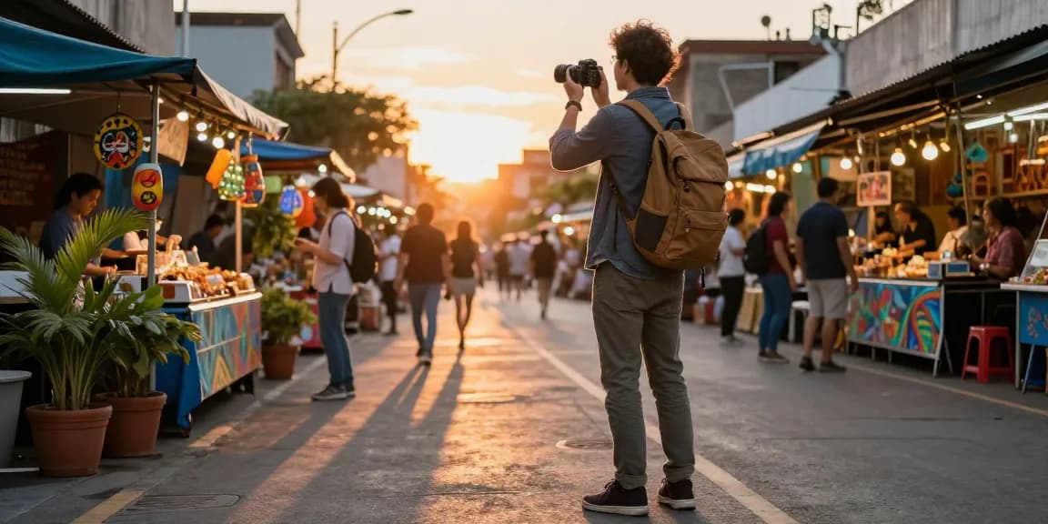 Rokok88 travel exploration in a vibrant city during sunset, showcasing local markets and cultural experiences.
