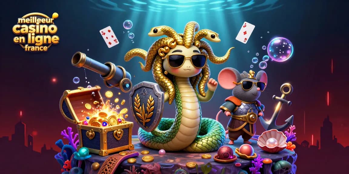 Plongez dans l'univers du meilleur casino en ligne France avec Medusa et un brave guerrier, entourés d'éléments de jeu éblouissants.