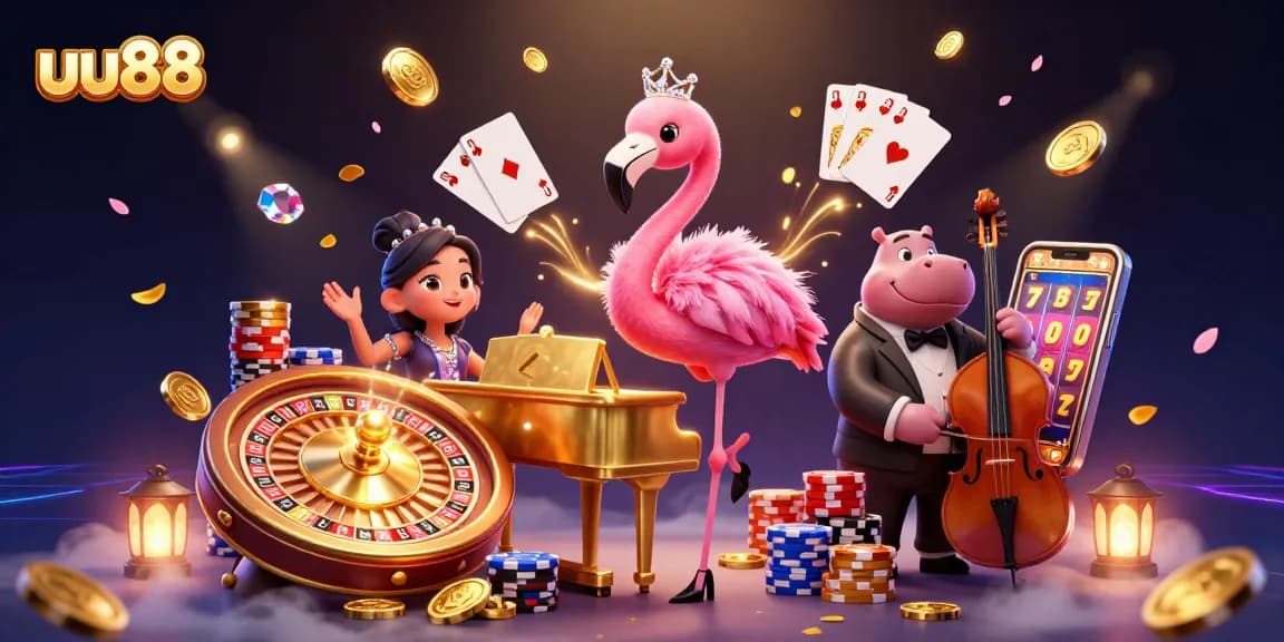 Engage with uu88's thrilling casino gaming atmosphere featuring vibrant characters and dynamic action.