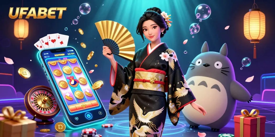 Play the colorful slot games at UFABET with dynamic visuals and exciting features, featuring an Asian woman in a traditional kimono.