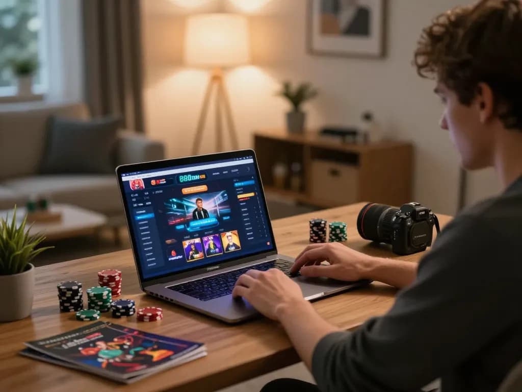 Player engaging in strategic online betting using 888new com on laptop, warm home atmosphere with gaming elements