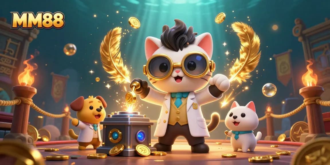 Engage with MM88's thrilling gaming experience featuring a cartoon scientist and dog amidst a lively casino scene.