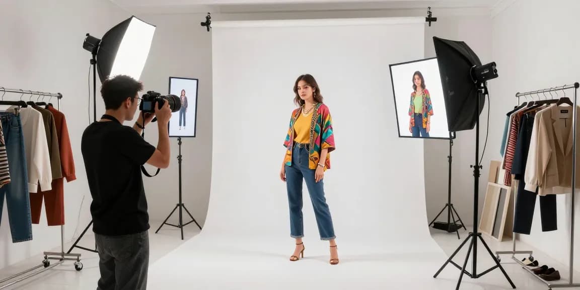 Fotografo ecommerce in studio con attrezzatura fotografica mentre prepara un servizio fotografico di moda.
