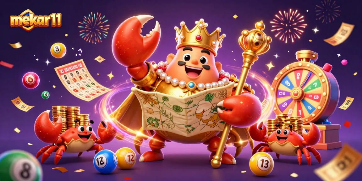 Engage with mekar11's vibrant lottery world featuring a golden crab emperor amidst bouncing balls and golden treasures.
