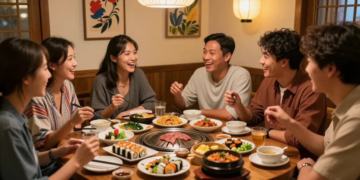 Enjoying vibrant Asian dishes at https://hanadultalk.com with friends in a cozy, cultural setting.