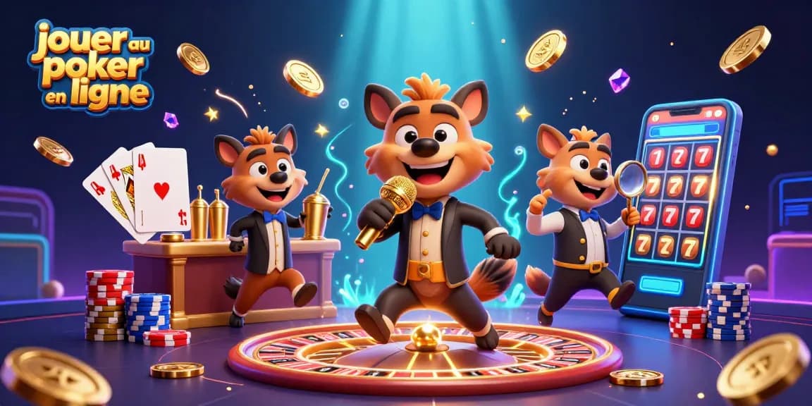 Jouer au poker en ligne dans une scène dynamique avec des hyènes animées et des éléments de casino scintillants.
