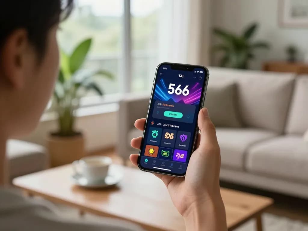 Tải app 566 on a smartphone with a vibrant gaming interface, showcasing mobile gambling features.