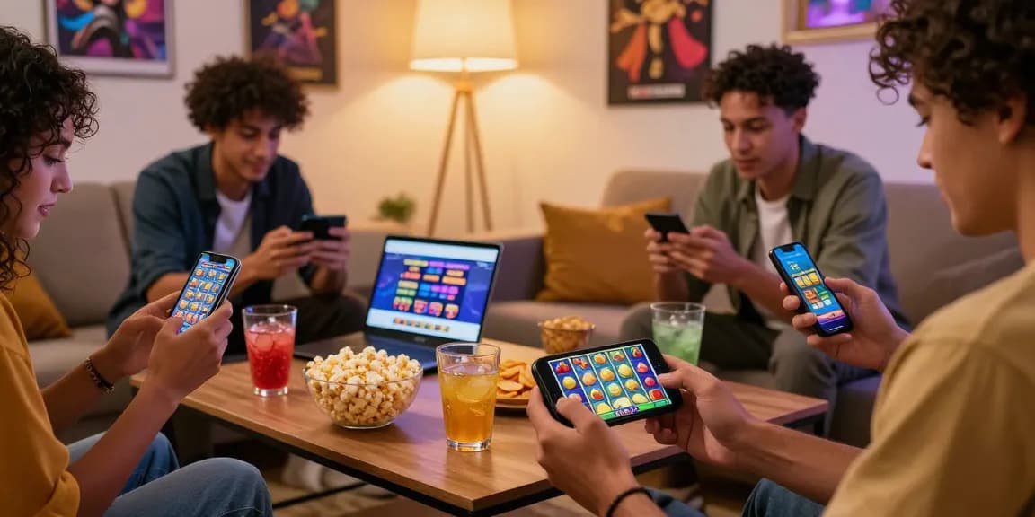 Friends enjoying the slot88 apk gaming experience together with animated slot game on their smartphone.