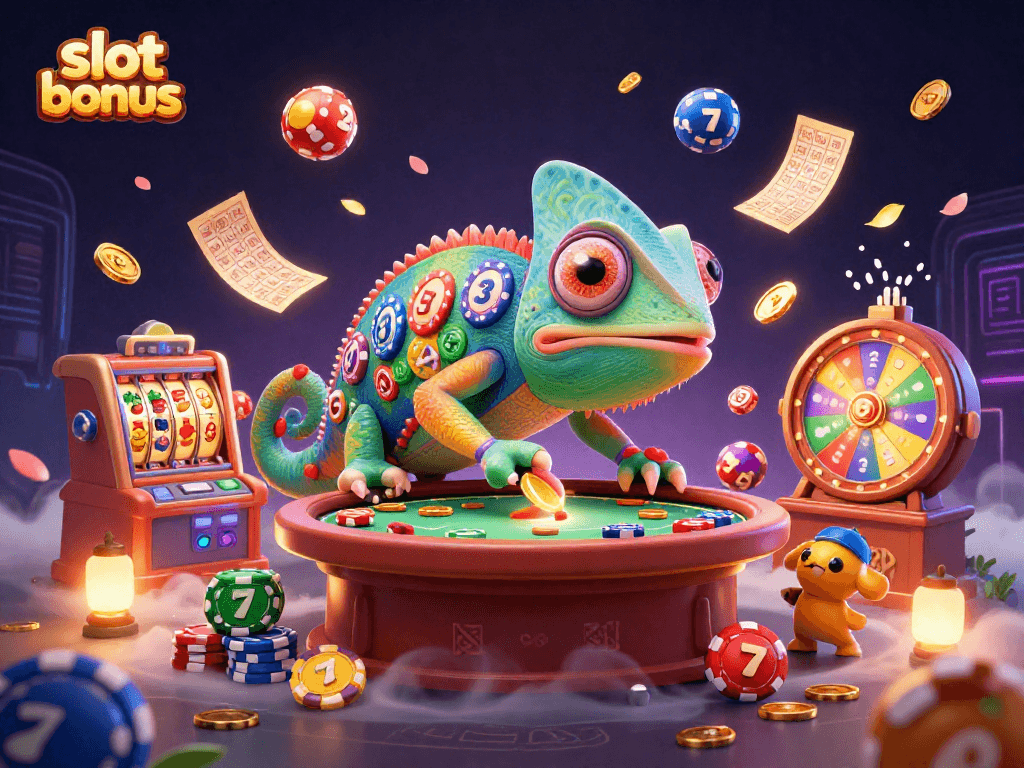 Engage with exciting slot bonus promotions featuring a dynamic casino scene filled with colorful elements.