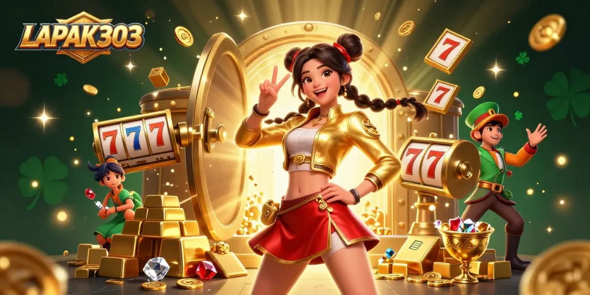LAPAK303 engages players with vibrant slot reels and dynamic winning elements in a festive 3D casino scene