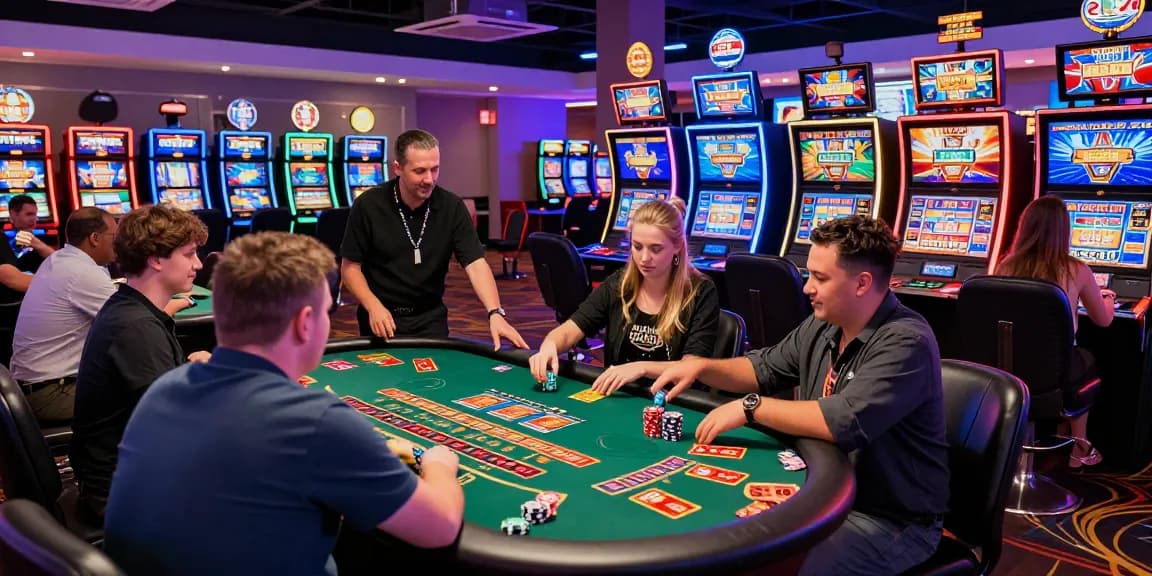 Engaged players at credit card casinos enjoying vibrant gaming experience with slots and tables