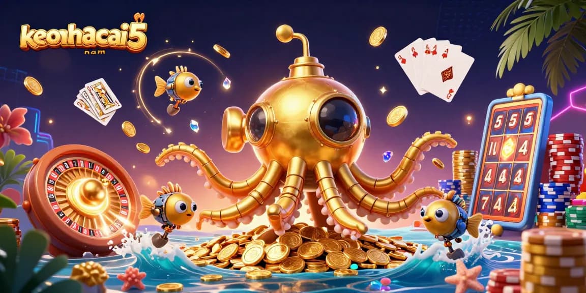 Engage in keonhacai5nam's vibrant casino realm with a golden kraken submarine amidst sparkling treasures.