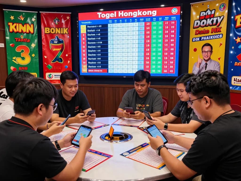 Players eagerly checking their devices for Data HK updates during a Togel Hongkong live draw.