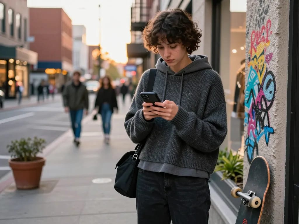 A stylish individual engaging with revelcollective.myshopify.com on their smartphone, showcasing urban fashion trends.