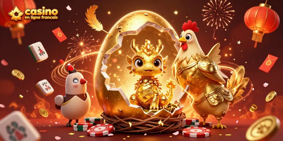 Découvrez un dragon doré émerveillé au centre du casino en ligne français, entouré de jetons et de feux d'artifice.