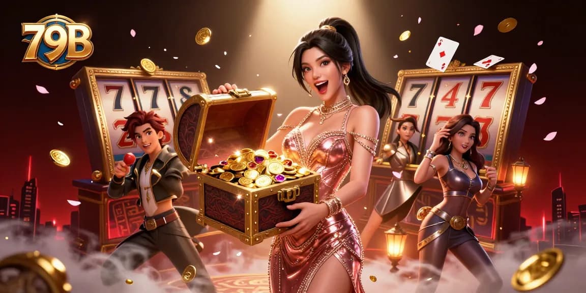 Experience the thrill of winning at 79B with a casino queen presenting treasures amidst vibrant slot elements.