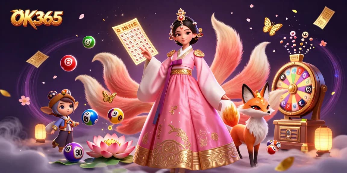 Play exciting games at OK365 with an elegant Asian character surrounded by dynamic gambling elements.