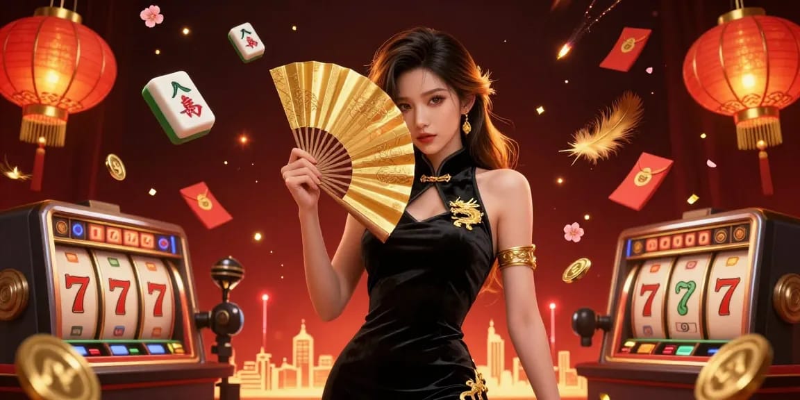 M88 casino experience featuring a stunning Asian woman and lively gambling elements like slot reels and golden coins.