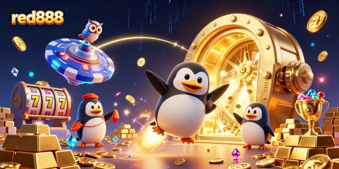 Experience dynamic gameplay at red888 with a golden penguin flying to a vibrant casino space station.