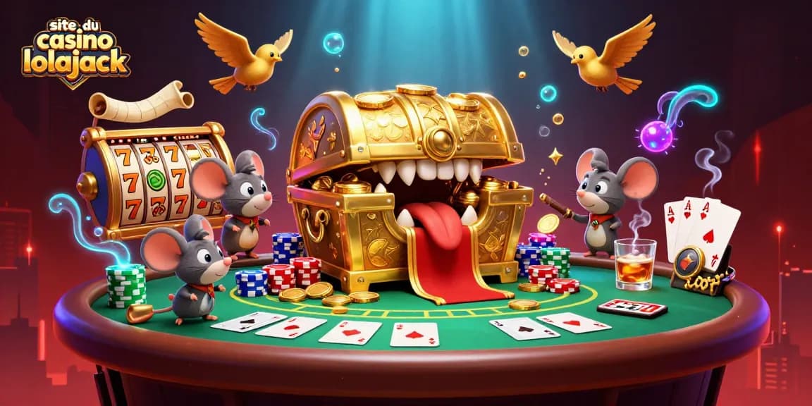 Visualisez le site du casino lolajack avec un trésor doré et des symboles de machines à sous exaltants.