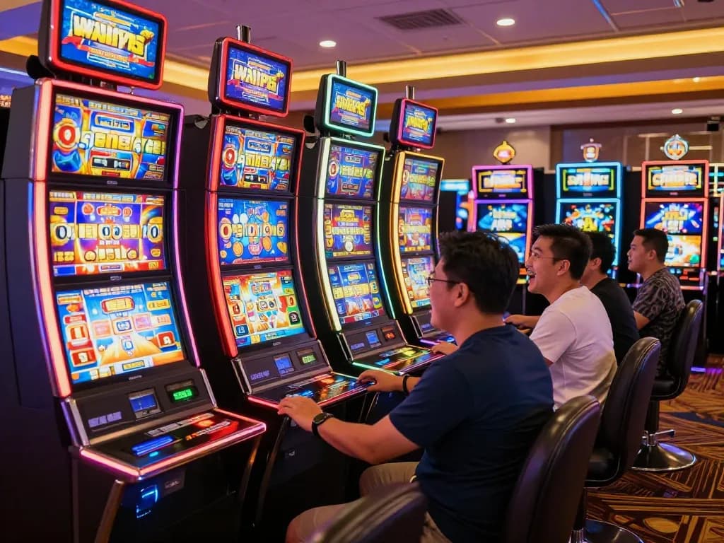 Players engaging with colorful slot machines at a casino, showcasing the excitement of situs slot gaming.