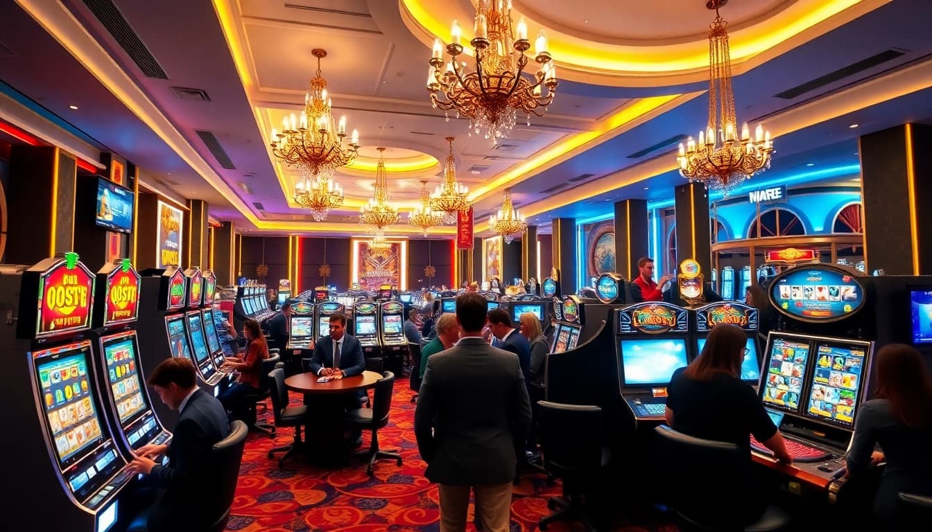 Engage in thrilling games at a Non gamstop Casino UK, featuring vibrant decor and lively atmosphere.