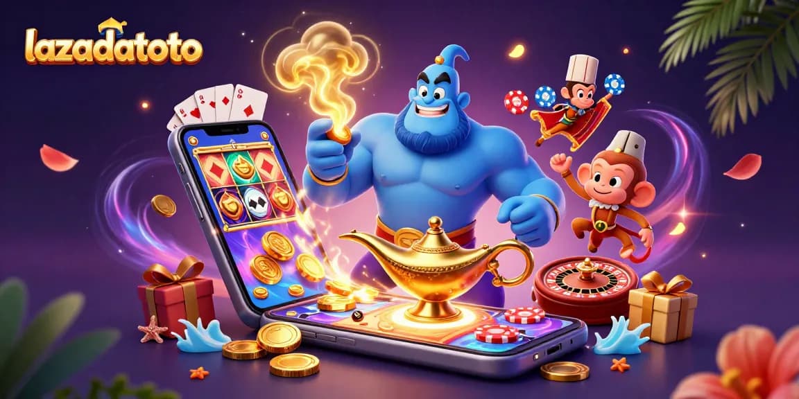 Lazadatoto menghadirkan permainan slot menarik dengan genie dan kartu poker yang penuh warna.