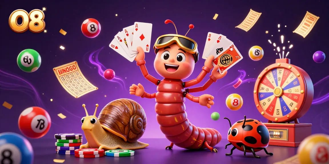 Experience the excitement of O8's online casino with a colorful scene of gaming characters and vibrant elements.