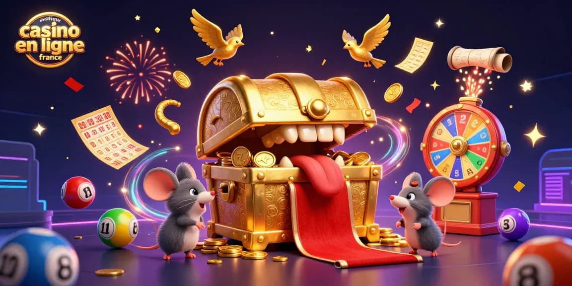 Illustration 3D représentant le meilleur casino en ligne France avec un coffre au trésor attirant des souris aventurières.