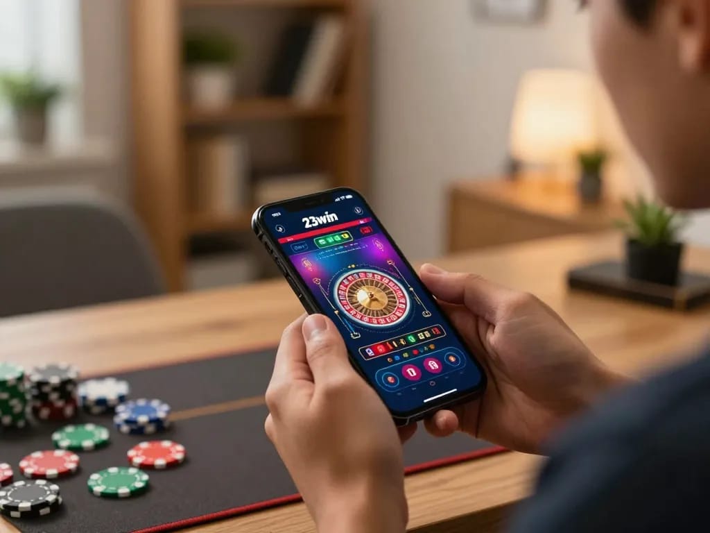 The 23win app user enjoys immersive online casino gameplay on a smartphone in a cozy home office setup.