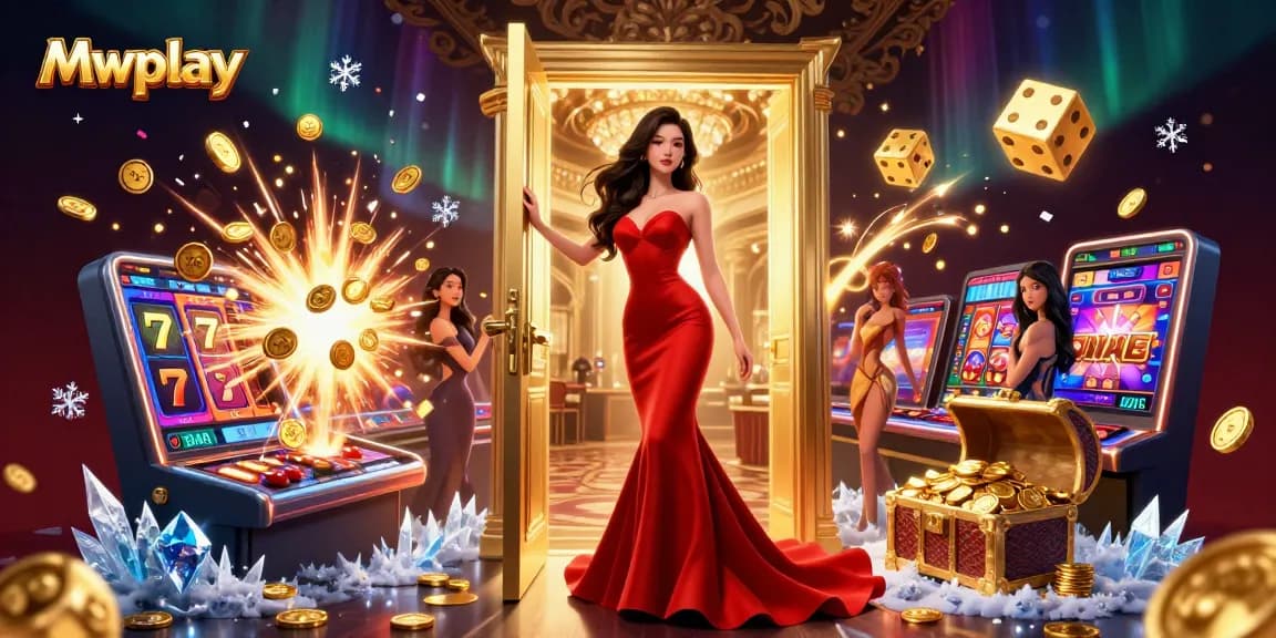 Mwplay exciting 3D illustration showcasing a beautiful woman in a casino doorway with jackpot symbols and gold coins.