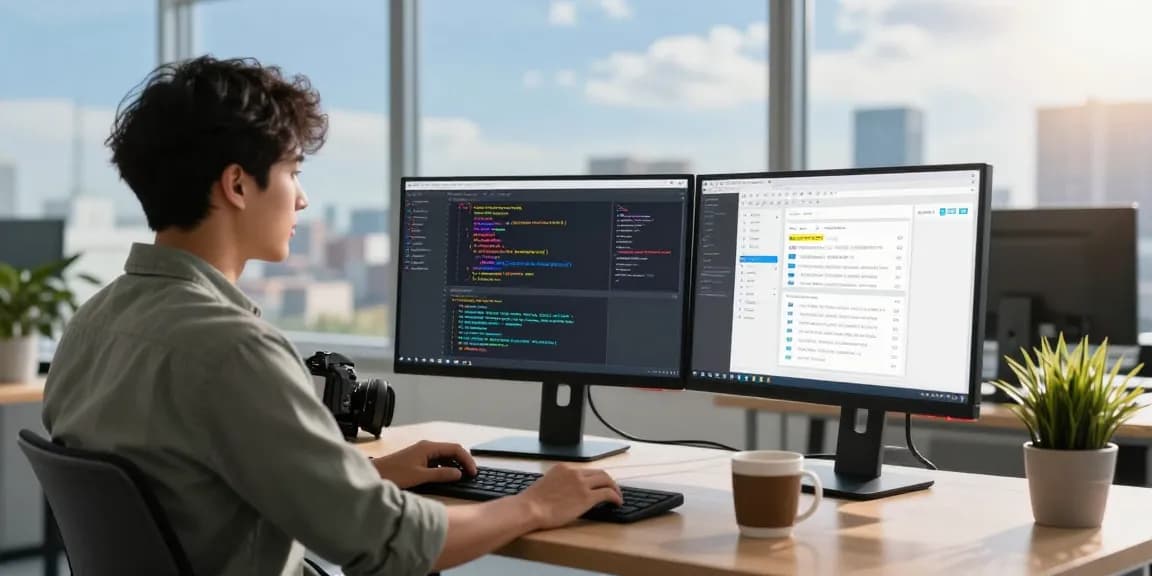 WhatsApp下載 in a modern tech workspace with a developer coding on dual monitors and a coffee mug.