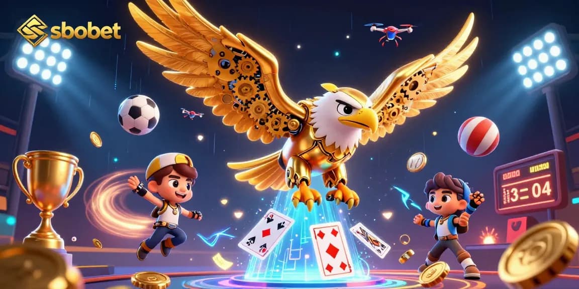 sbobet showcases a dynamic 3D casino scene with a golden eagle and intricate gaming elements.