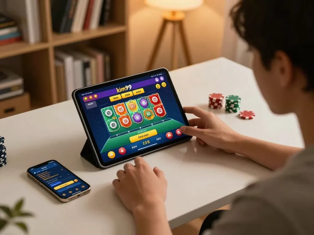Engaging online casino gaming on kim99 com, person strategizing with tablet and chips