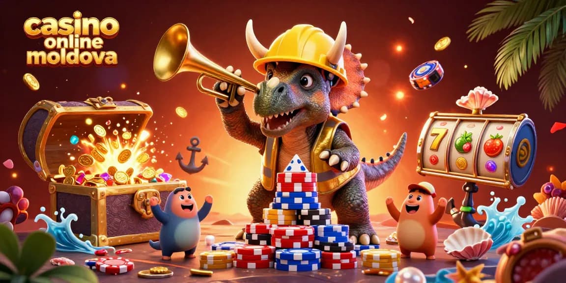 Joacă pe casino online moldova cu un triceratops ridicând fise de poker într-o atmosferă veselă.