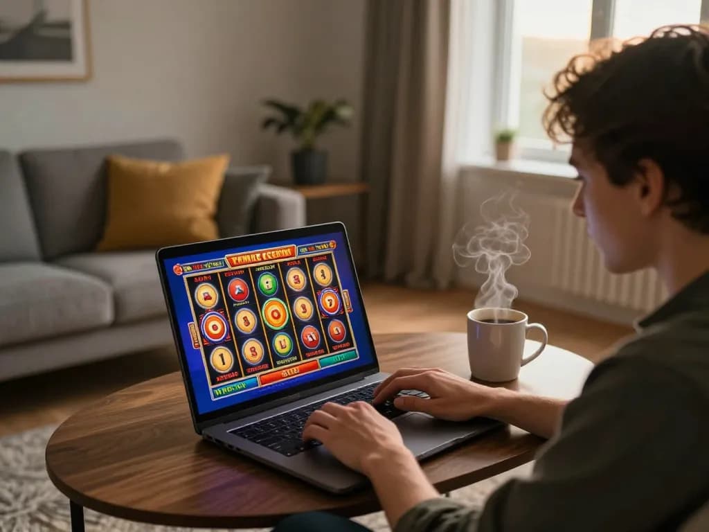 Player enjoying sites not on gamstop while engaging with an online slot game on a laptop in a cozy home environment.