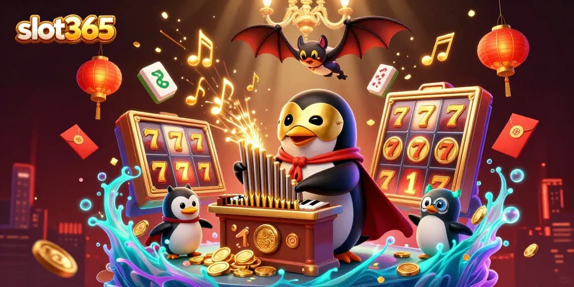Experience thrilling gameplay with slot365, featuring a penguin in a grand casino scene with jackpots and celebrations.