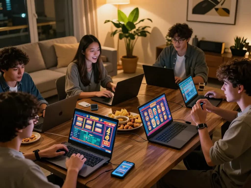 Players engaging in TR88 online gaming session with laptops and snacks in a cozy setting