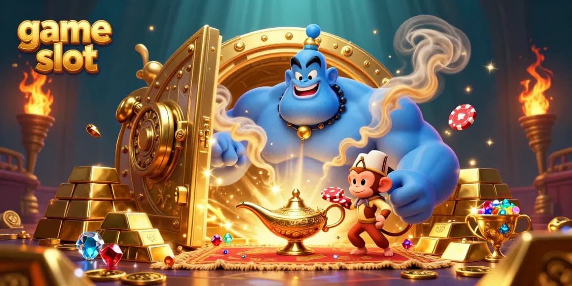 Experience game slot excitement with a genie and monkey amidst golden treasures and casino elements.