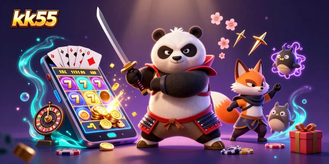 Engage in thrilling slots with kk55’s vibrant 3D gaming scene featuring dynamic characters and rich casino elements.