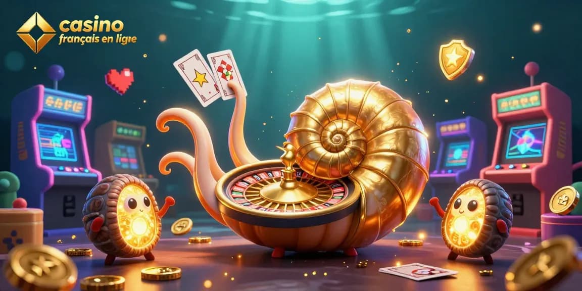 Image d'un casino français en ligne avec une illustration 3D colorée d'un nautilus géant et des éléments de jeu.